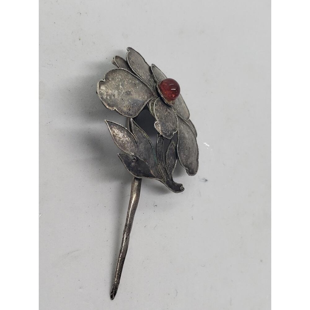 Vintage Sterling Silver Flower Stick Pin Red Cabochon Glass center Art Deco - Picture 4 of 8